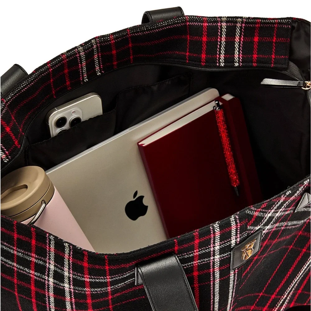 Victoria’s Secret Limited Edition Plaid Tote Bag Black Red NWT